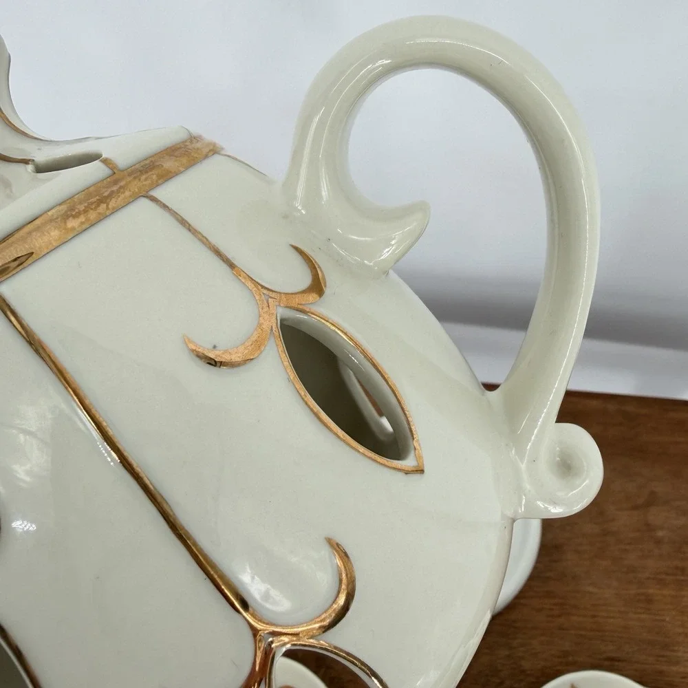 VTG 90s PartyLite Tea For Two Candle Holder Porcelain Teapot 2 Saucers Gold Trim - Picture 3 of 14